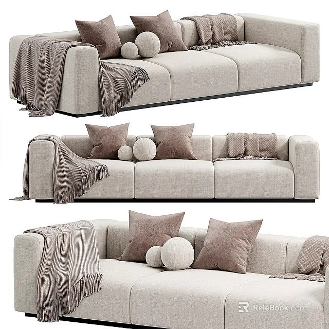 Modern Beige Fabric Three Seater Sofa With Cozy Pillows And Soft Knit Blanket 3d model 