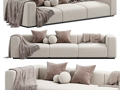 Modern Beige Fabric Three Seater Sofa With Cozy Pillows And Soft Knit Blanket 3d model
