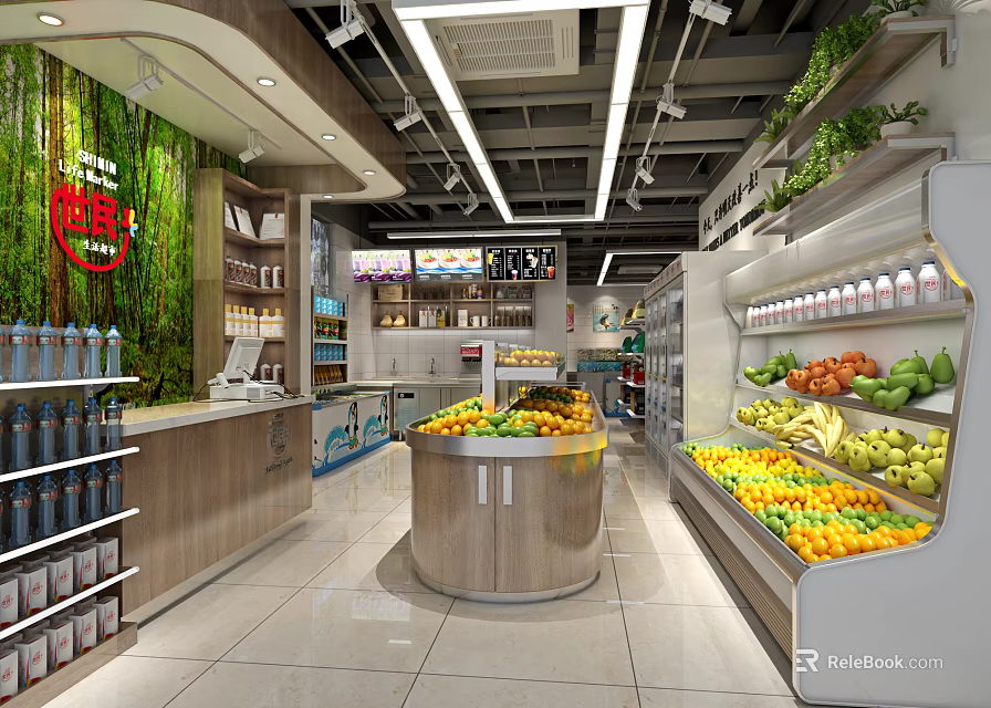 Supermarket Grocery Store Interior With Fresh Fruits Shelves Beverages And Checkout Counter 3d model 