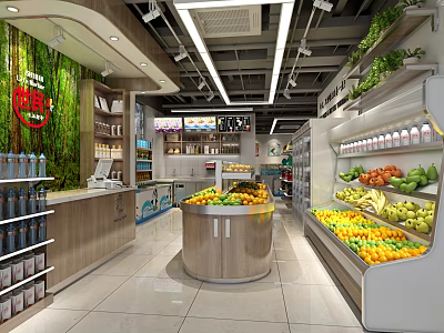 Supermarket Grocery Store Interior With Fresh Fruits Shelves Beverages And Checkout Counter 3d model