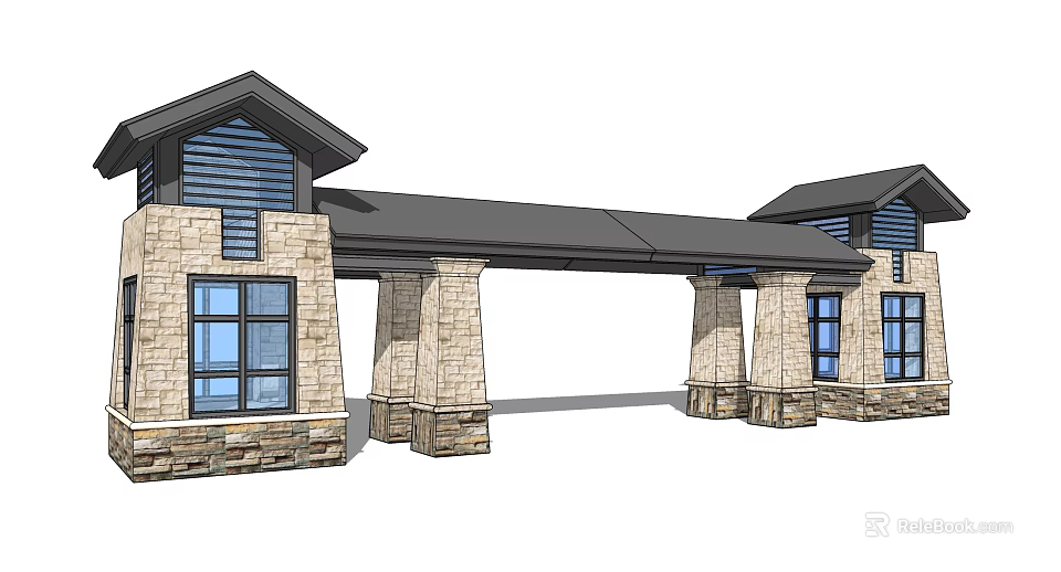 Traditional Stone Entrance Gate Design With Columns Covered Roof And Glass Windows 3d model 