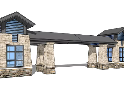 Traditional Stone Entrance Gate Design With Columns Covered Roof And Glass Windows 3d model