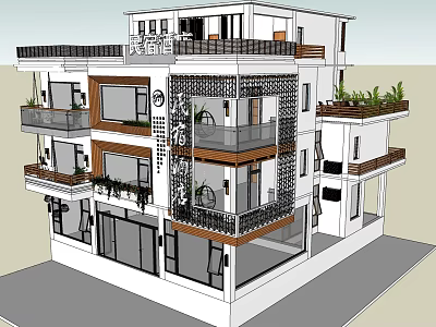 Modern Multi Level Guesthouse Building With Balconies Potted Plants And Wooden Railings 3d model