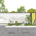 Scenic Wall With Mountain Pattern Surrounded By Trees Stones And Green Plants