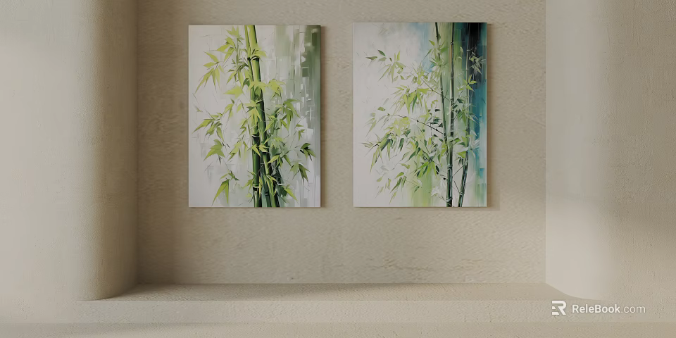 Modern Bamboo Paintings On Wall With Green Leaves For Home Decor 3d model