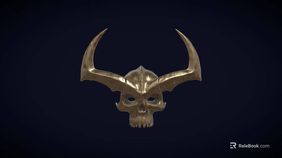 Artistic Golden Skull Sculpture With Large Curved Horns On Dark Background 3d model 