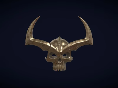 Artistic Golden Skull Sculpture With Large Curved Horns On Dark Background 3d model
