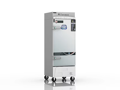 Sturdy Stainless Steel Vertical Kitchen Appliance With Wheels And Control Panel 3d model