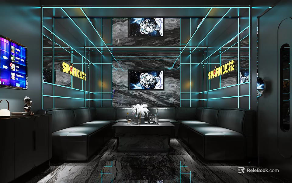 Modern KTV Room Interior With Black Leather Sofas And LED Lighting 3d model