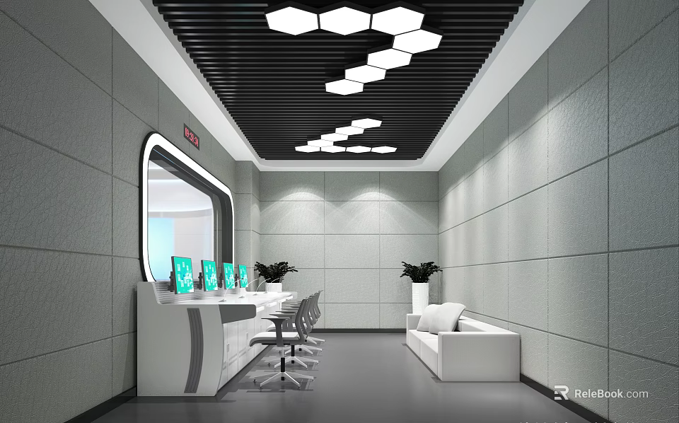 Modern Interior Waiting Area With Hexagonal Lights White Counter Sofa Chairs And Green Plants 3d model 