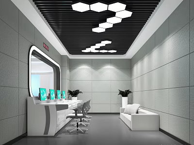 Modern Interior Waiting Area With Hexagonal Lights White Counter Sofa Chairs And Green Plants 3d model