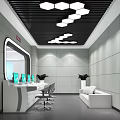 Modern Interior Waiting Area With Hexagonal Lights White Counter Sofa Chairs And Green Plants