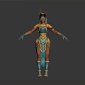 Egyptian style Woman In Colorful Outfit With Horned Headdress And Golden Armor Details