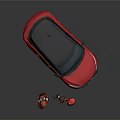 Red Car with Black Roof Two Cartoon Characters in Black Outfits Standing Beside Red Helmets