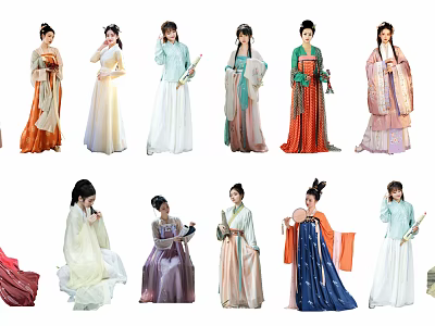 Multiple Women In Traditional Ancient Costumes With Various Styles And Colors 3d model