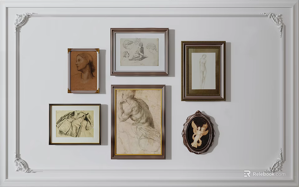 Wall Decor With Various Framed Artworks And Sketches On White Wall 3d model 