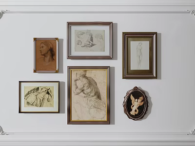 Wall Decor With Various Framed Artworks And Sketches On White Wall 3d model