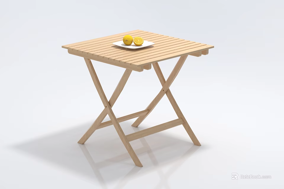 Wooden Foldable Square Coffee Table With White Plate And Two Lemons On Top 3d model 