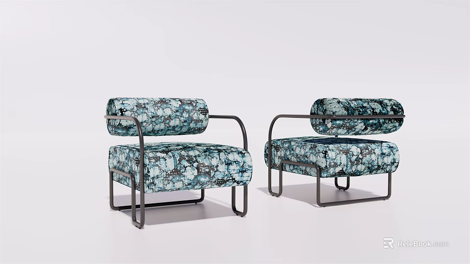 Two Modern Teal Single Sofas With Floral Pattern And Metal Frame Design 3d model