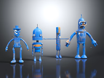 Four Blue Robot Characters With Various Designs Standing In A Row 3d model