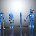Four Blue Robot Characters With Various Designs Standing In A Row 3d model