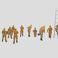 Workers In Orange Work Uniforms And Yellow Safety Helmets Near Ladder At Work Scene