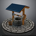 Traditional Well With Blue Roof Orange Wooden Frame And Bucket On Circular Stone Floor