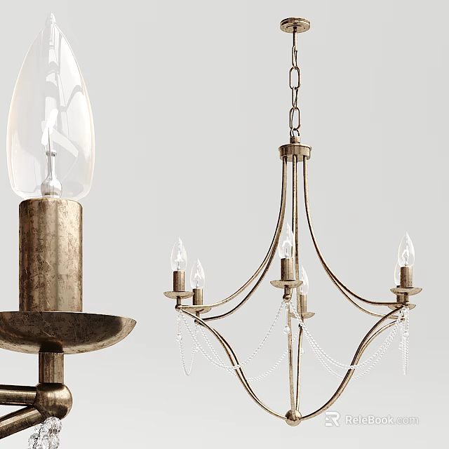 Elegant Metal Chandelier With Candle Shaped Bulbs And Crystal Chains 3d model 
