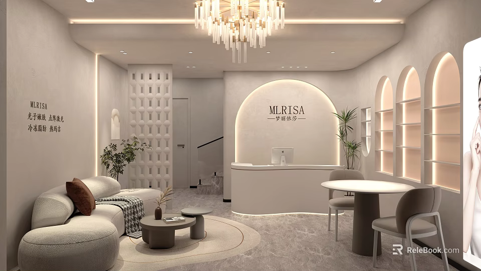 Elegant Modern Beauty Salon Interior With Chandelier Arched Reception Desk Sofa Area And Plants 3d model 