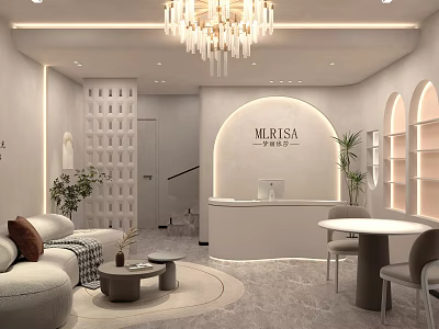 Elegant Modern Beauty Salon Interior With Chandelier Arched Reception Desk Sofa Area And Plants 3d model