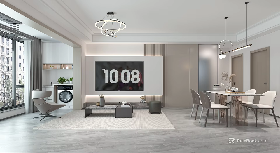 Modern Living And Dining Room Interior With TV Wall Ceiling Lights Sofa And Dining Table 3d model 