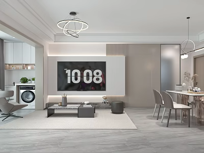 Modern Living And Dining Room Interior With TV Wall Ceiling Lights Sofa And Dining Table 3d model