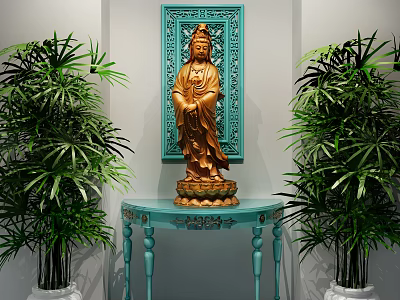 Elegant Console Table with Golden Guanyin Statue and Blue Carved Backdrop Flanked by Green Plants 3d model