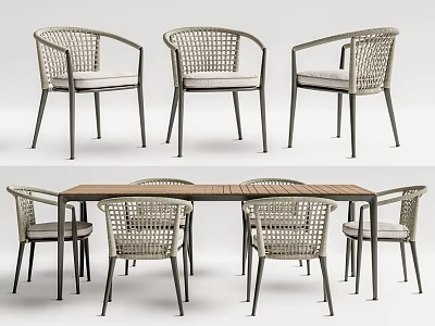 Modern Wicker Armchair And Wooden Table Dining Set With Metal Frame 3d model