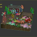 Cartoon Countryside Scene With Red House Barn Windmill Flowers And Wooden Crates