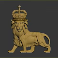 Golden Lion Sculpture With Crown Decoration Standing On Reflective Dark Surface