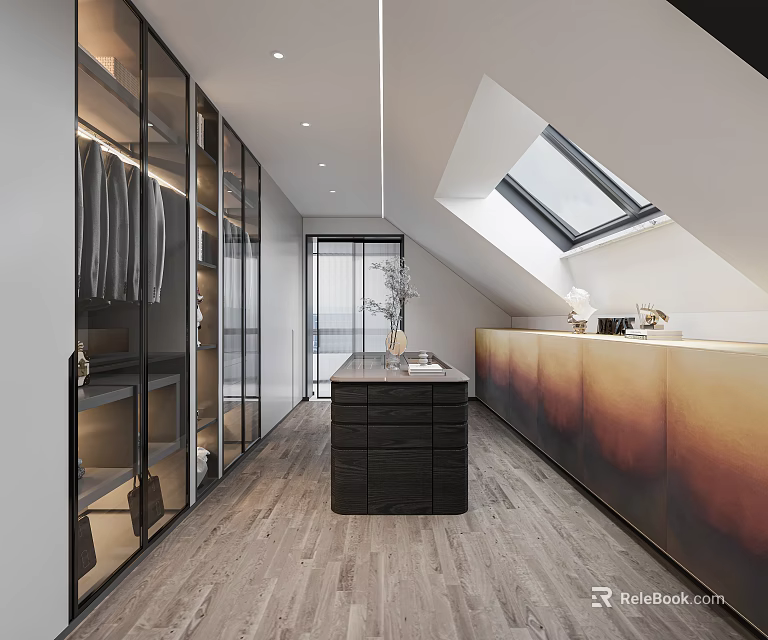 Modern Walk in Closet Design With Glass Door Wardrobes Central Island And Skylight 3d model 