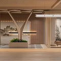 Modern Chinese Exhibition Hall With Wooden Structure And Landscape Paintings Reception Counter