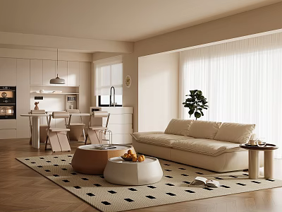 Cream Style Home Guest Restaurant Fabric Sofa Coffee Table Combination Round Coffee Table Middle Island Bar Counter Dining Table and Chair Cabinet Wine Cabinet Kitchen Supplies Screen Window Carpet 3d model