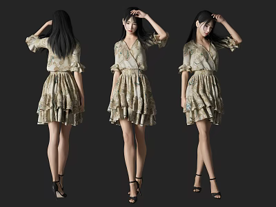 Woman in Printed Dress with Back Front Side Views and High Heels on Dark Background 3d model