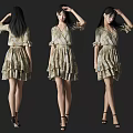 Woman in Printed Dress with Back Front Side Views and High Heels on Dark Background