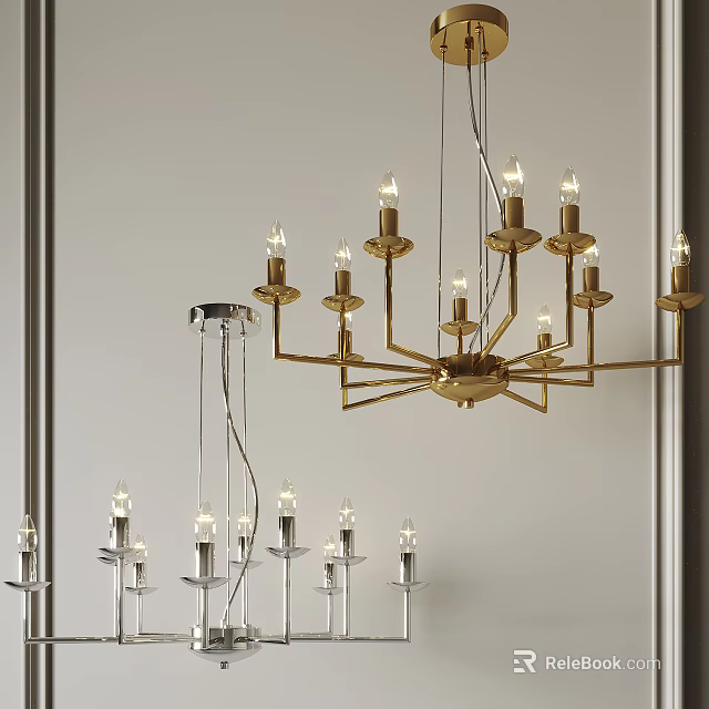 Modern Gold Multi Arm Chandelier With Candle Lights In Contemporary Interior Design 3d model 