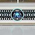 Corporate Exhibition Hall Featuring Smart Technology Circular Display Screen And Arranged Shelves
