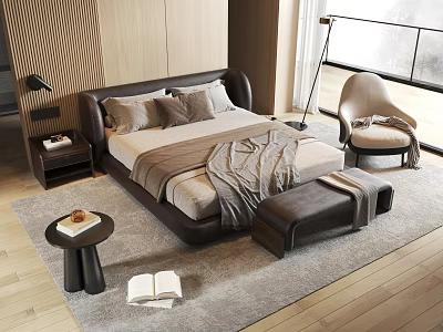 Contemporary Bedroom Interior Featuring Wooden Bed Nightstand Armchair Ottoman Area Rug And Large Window 3d model