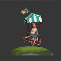 Cartoon Rickshaw Scene With Blue White Striped Canopy Rider Red Hat And Green Grass Base