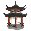 Garden Landscape with Traditional Chinese Pavilion Multi tiered Roof Red Pillars Intricate Carvings Pastel Sky