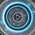 Futuristic Interior With Humanoid Robot Blue And White Illuminated Lights Circular Ceiling Structures Control Consoles