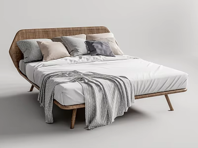 Modern Minimalist Double Bed With Wicker Headboard Wooden Legs Pillows And Blanket 3d model