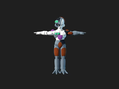 3D Biomechanical Robot Character With Purple White Orange Armor And Extended Arms 3d model