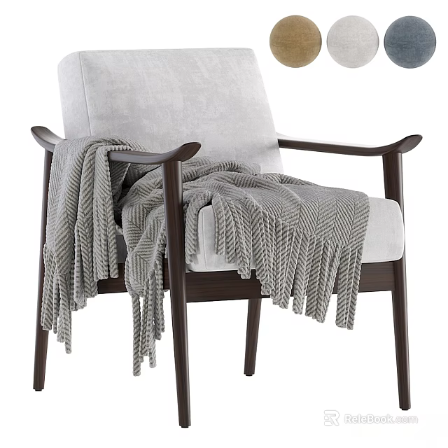 Cozy Light Gray Upholstered Leisure Chair With Wooden Armrests And Knitted Blanket Draped Over 3d model 